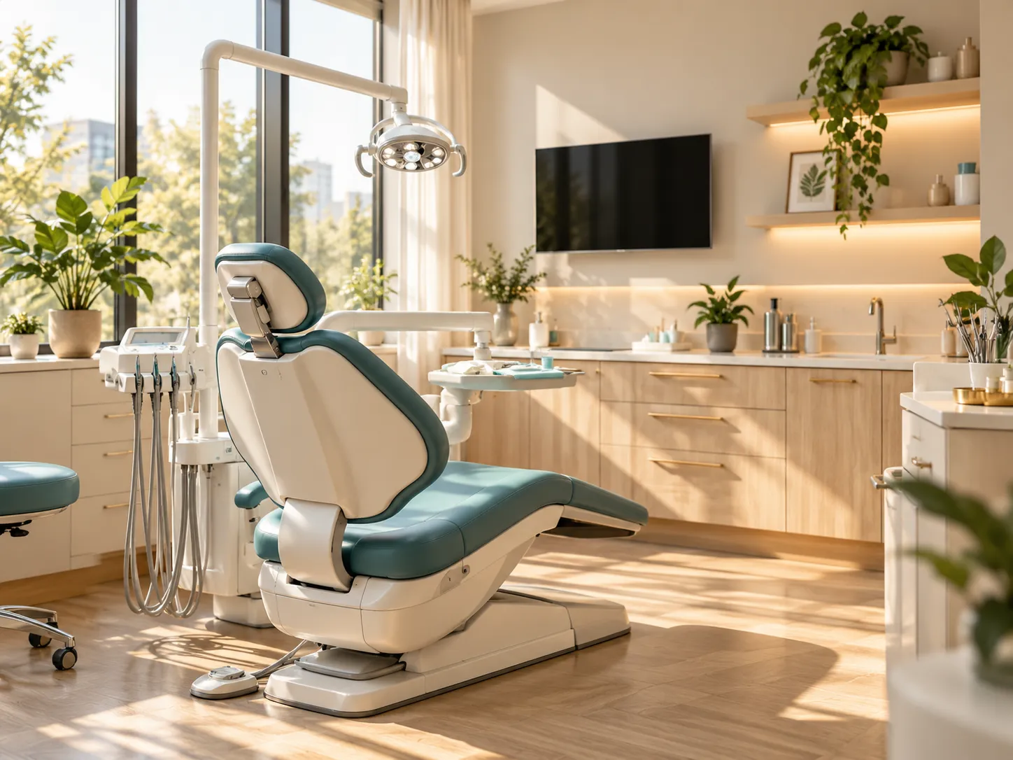 A modern dental treatment room with a chair ready for a patient