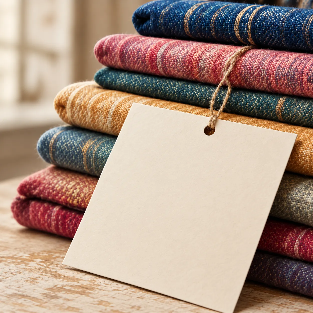 Stack of folded striped fabrics with a blank cardstock swing tag reading Thank you for your order