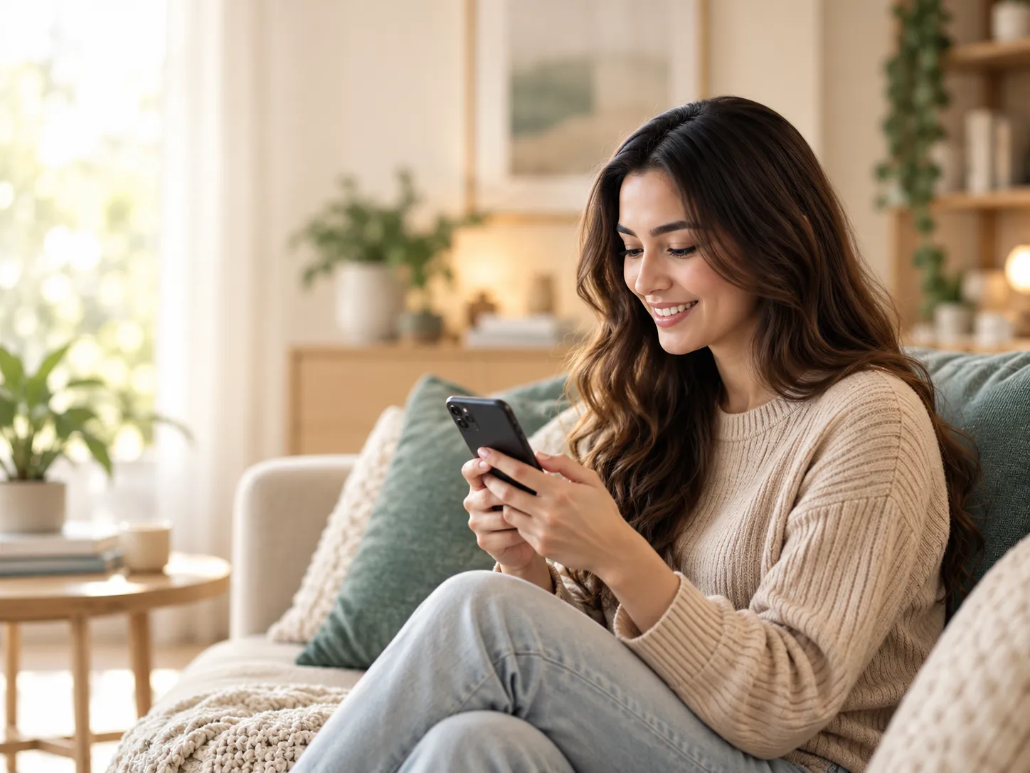 Woman relaxing on a couch, smiling while looking at her phone