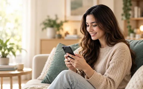 Patient relaxing on a couch, smiling while looking at her phone
