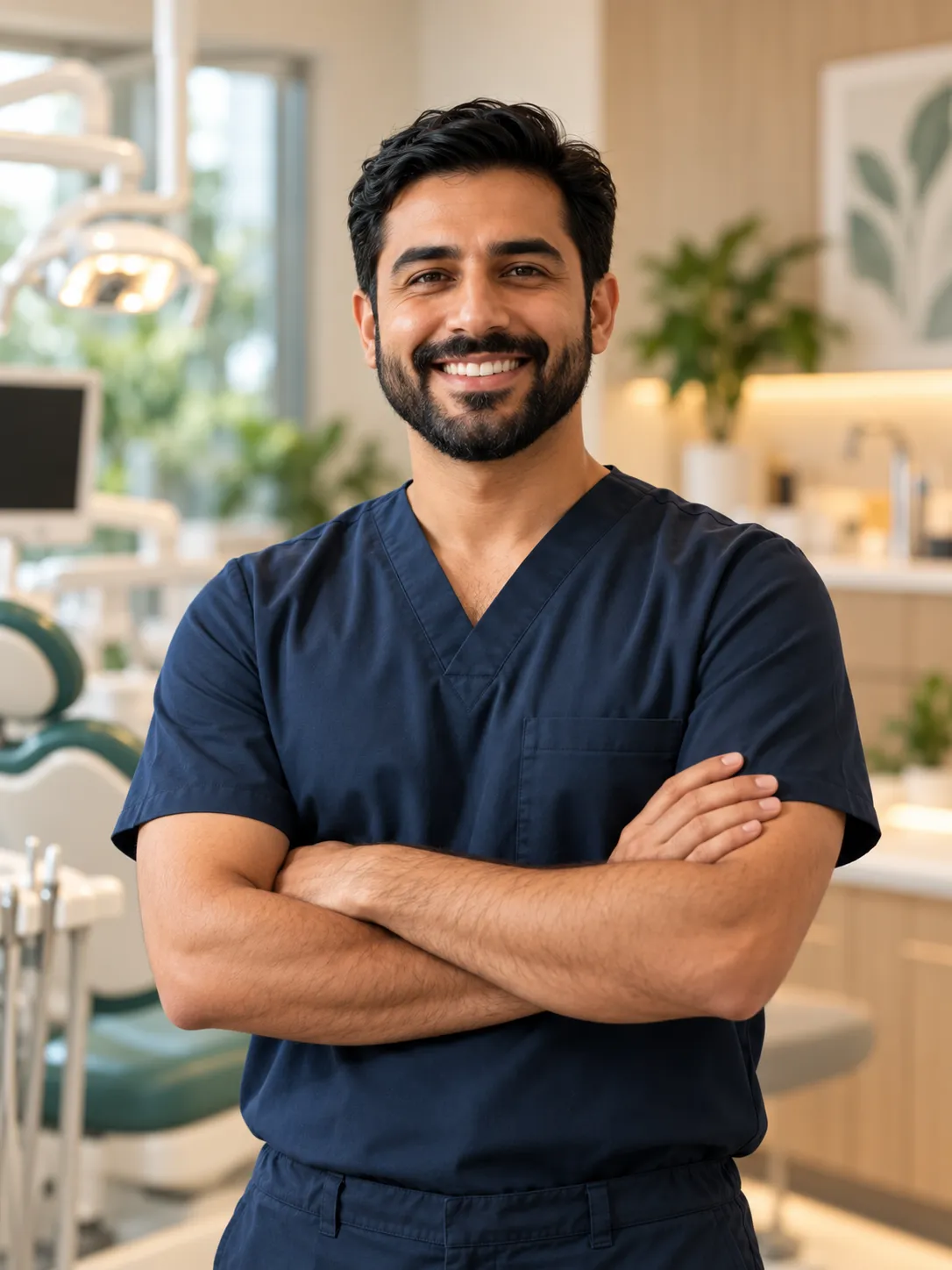 Confident dental clinician standing arms crossed in a clinic
