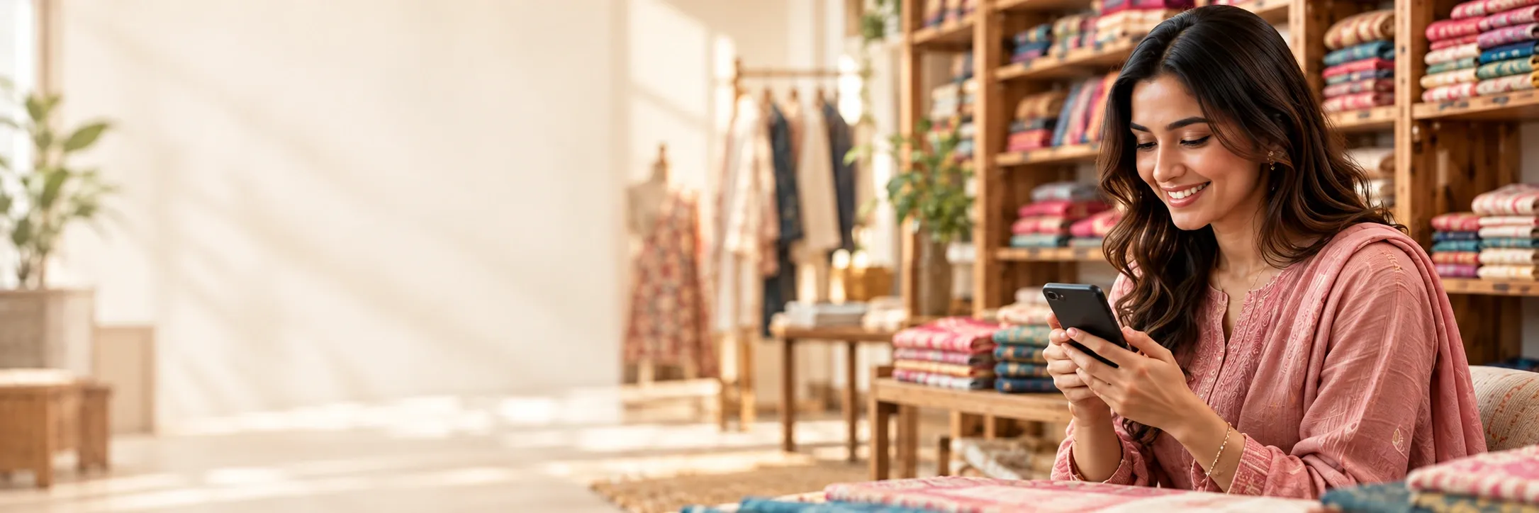 Woman smiling while replying to a customer enquiry on her phone in a textile boutique, surrounded by folded fabric stacks