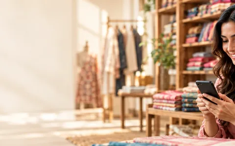 Textile boutique owner smiling while replying to a customer enquiry on her phone