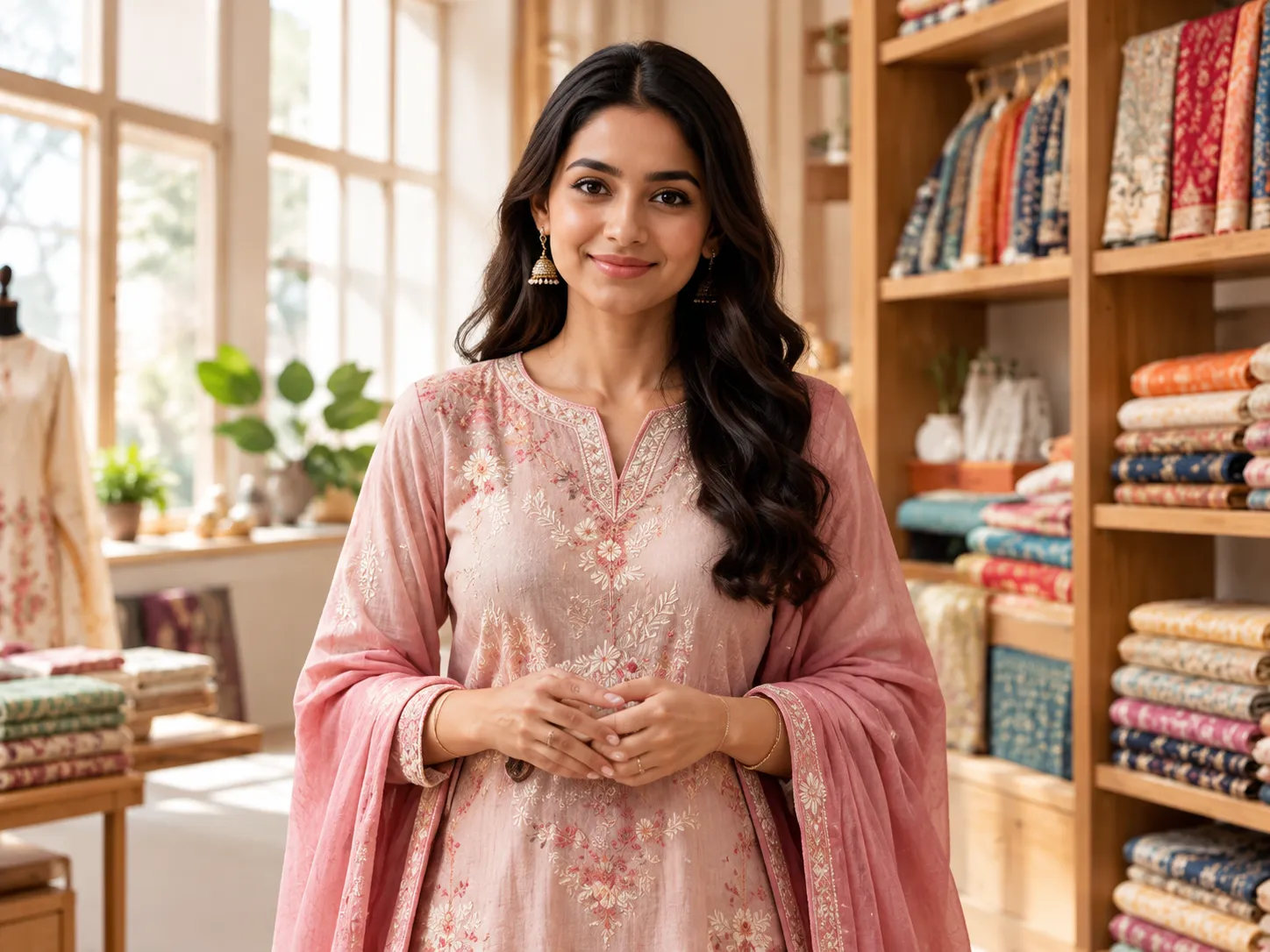 Boutique owner in a pink embroidered kurta standing among shelves of folded fabric