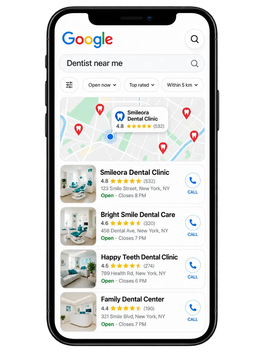 Phone showing dentist listings with ratings and reviews