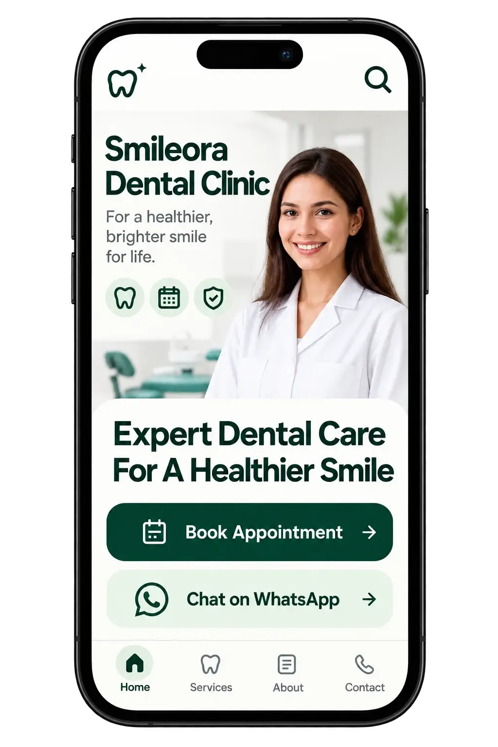 Phone showing a dental clinic website with a dentist portrait