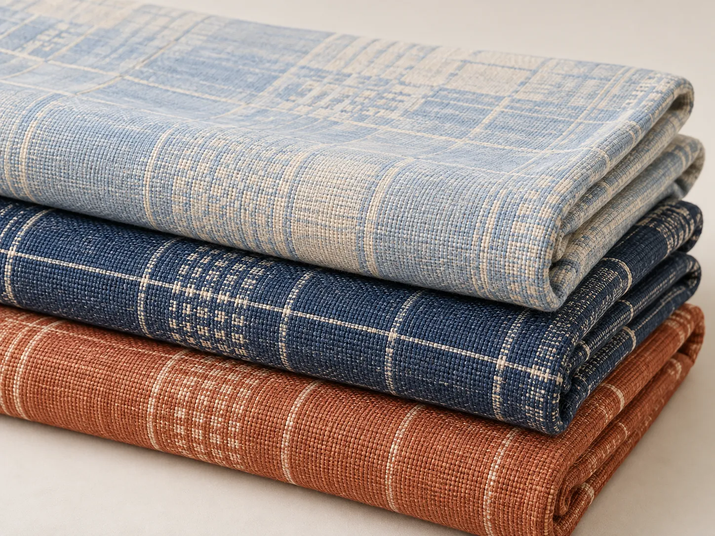 Folded blue, indigo and terracotta woven cotton fabrics