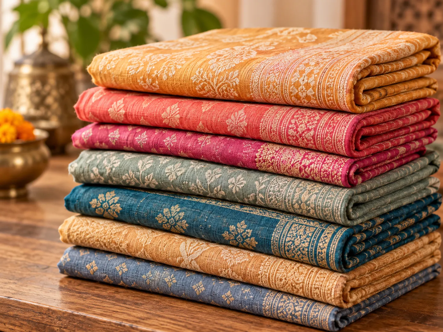 Stack of colourful folded festival-print fabrics