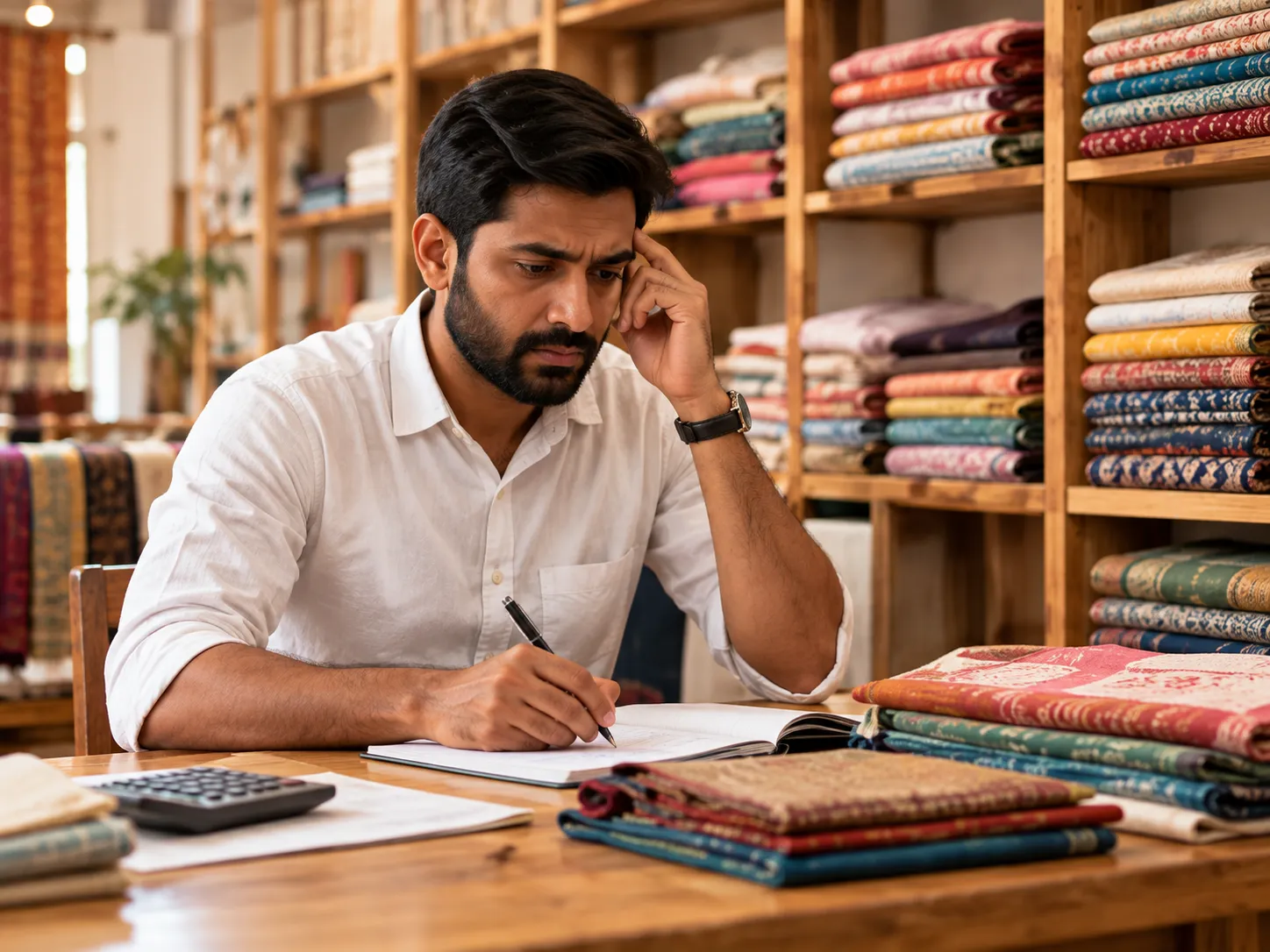 Textile merchant reviewing his notes in a fabric shop, looking concerned