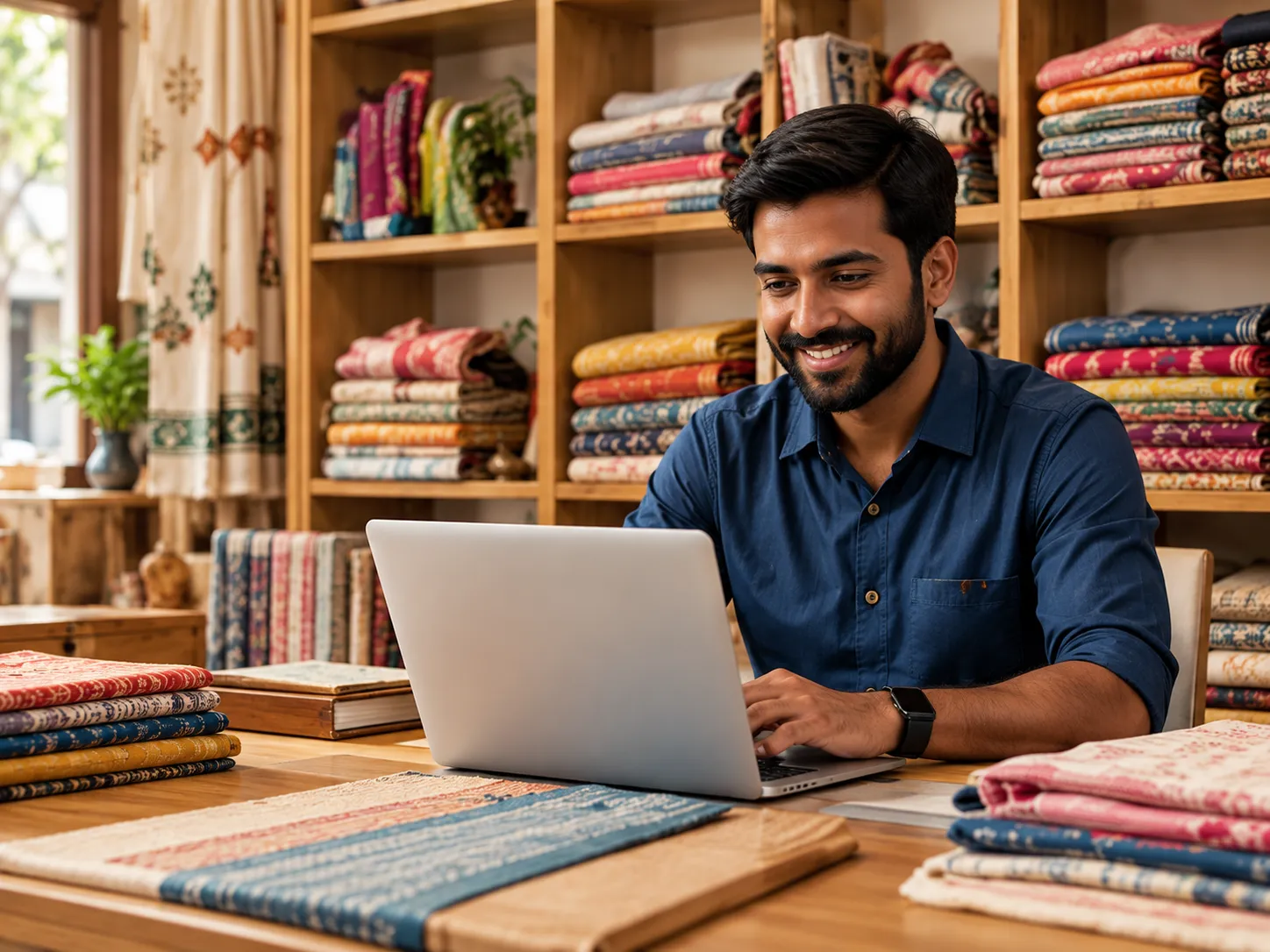 Textile merchant smiling while using a laptop among folded fabrics